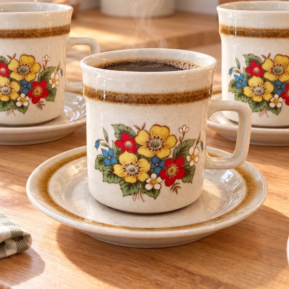 Vintage Stone Village Tropicana Mikasa Stoneware Coffee Cup Saucer Set 4 Japan
